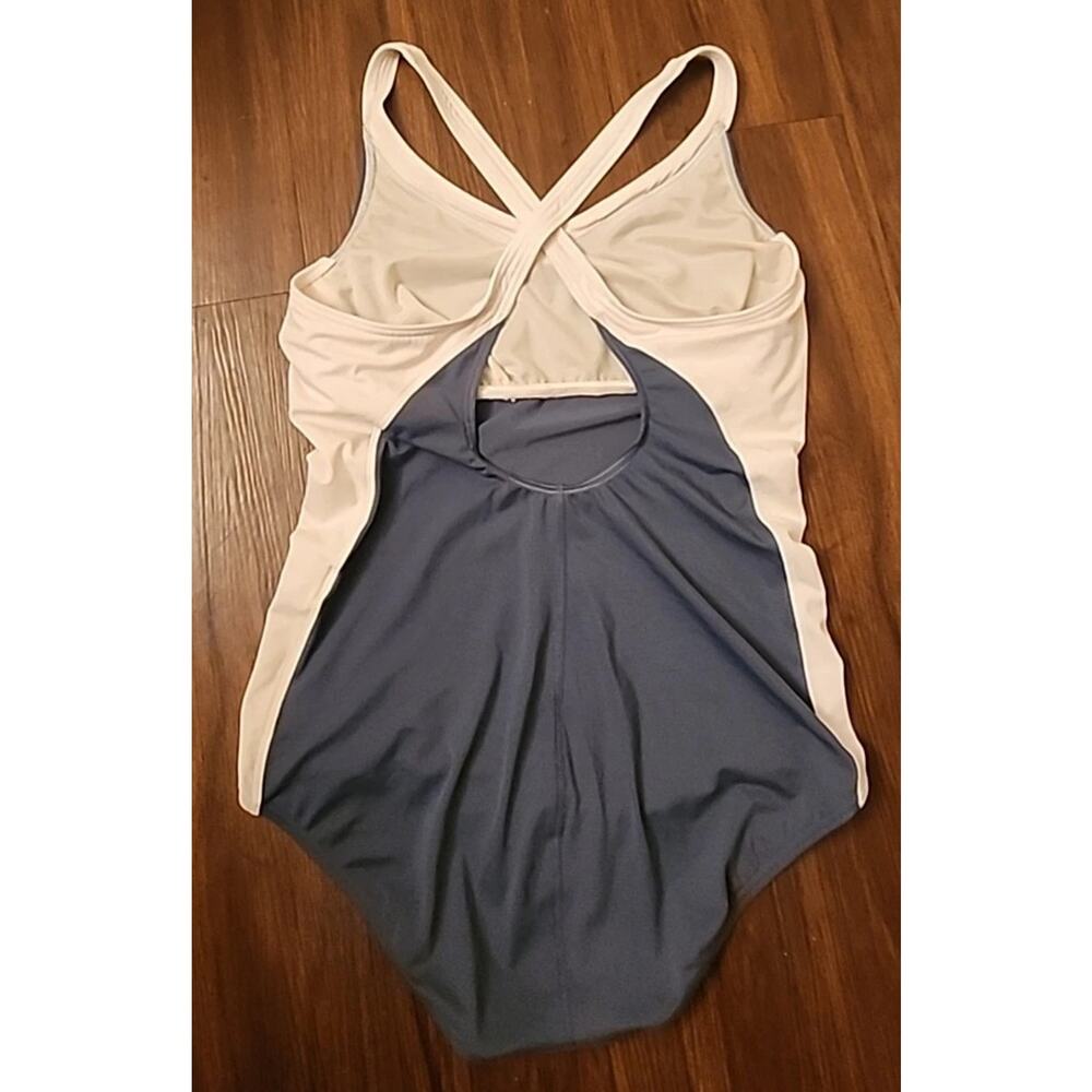 Lands' End Women's One Piece Swimsuit Size 16 X Back Blue/Gray w/white Trim - Picture 2 of 3